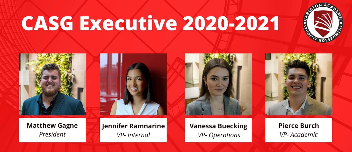 CASG (@casg_online) on Twitter photo Welcome Back Ravens! This is your Carleton Academic Student Government Executive Team for the upcoming year, please do not hesitate to ever reach out to us. Below is our contact information:
president@casg.ca
vpinternal@casg.ca
vpoperations@casg.ca
vpacademic@casg.ca Welcome Back Ravens! This is your Carleton Academic Student Government Executive Team for the upcoming year, please do not hesitate to ever reach out to us. Below is our contact information:
president@casg.ca
vpinternal@casg.ca
vpoperations@casg.ca
vpacademic@casg.ca