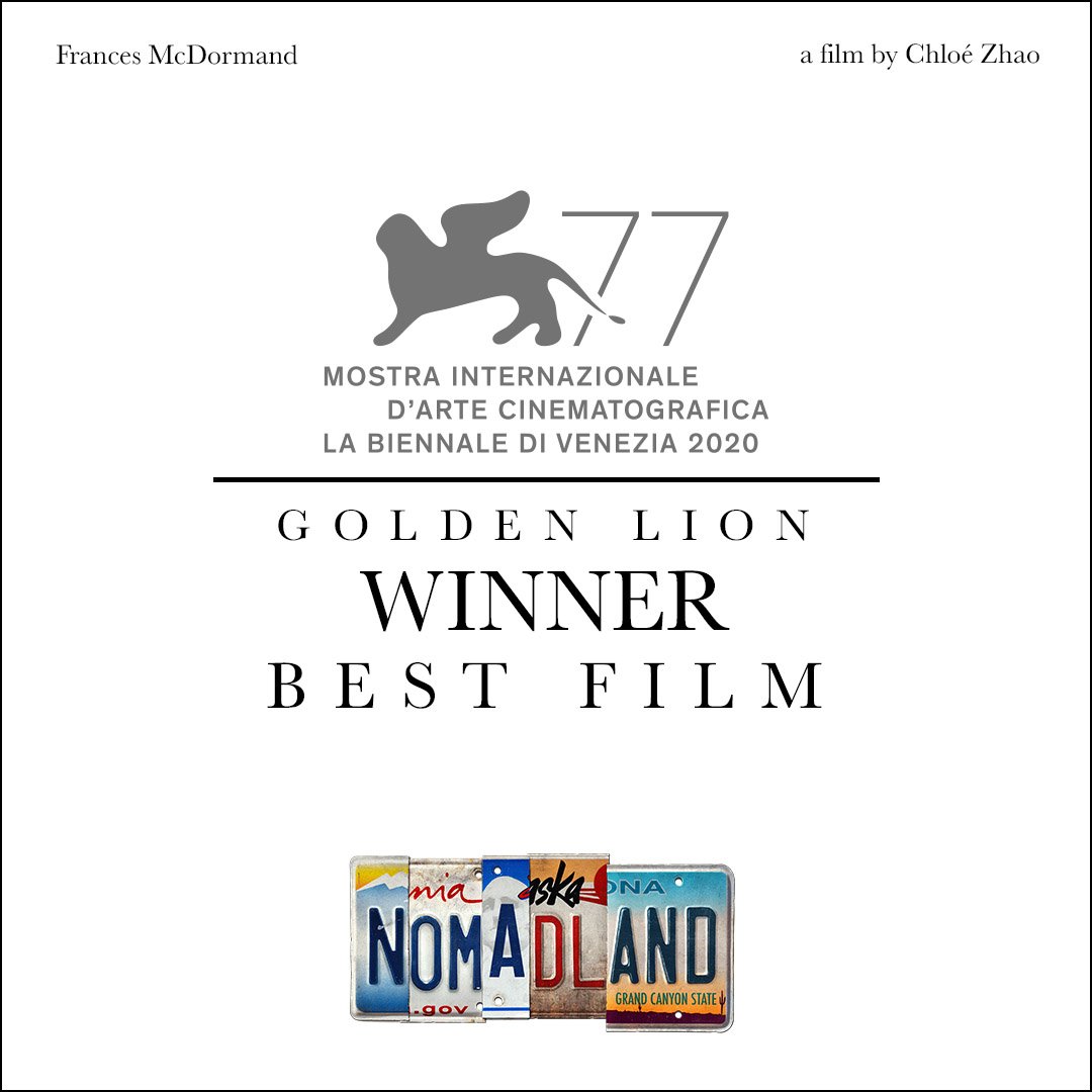 searchlightpics's tweet photo. Chloé Zhao's @nomadlandfilm wins the Golden Lion for Best Film at #VeniceFilmFestival. #Venezia77 https://t.co/Z0UfIMaLPa