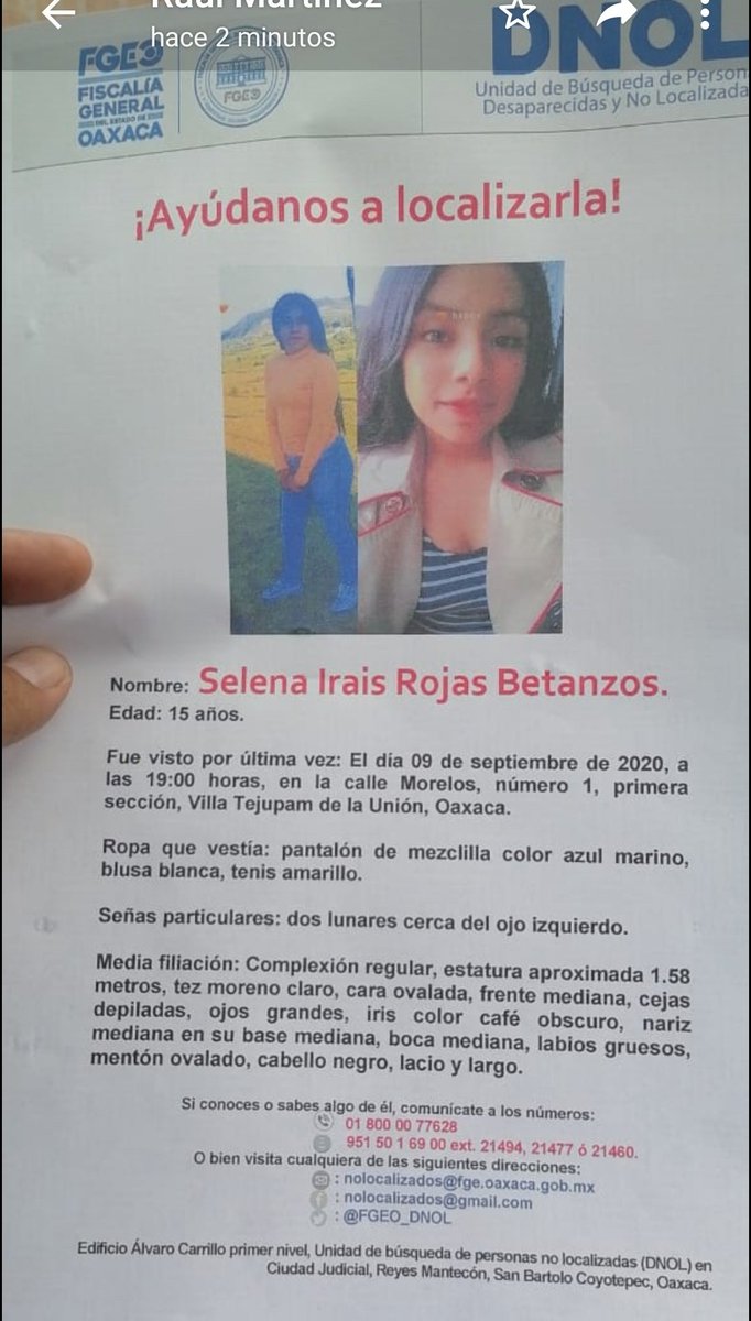 albaOax's tweet image. Amigos, por favor me apoyan con un RT, es la hija de unos conocidos. 

 Hoy nos necesitan.

Se teme por su seguridad. 

@sofyvaldivia @SofiaCastroRios @MolinaRobertoMx @PeatonVigilante @chumbert1 @SusanaHarp @juliopoliticas @NADIASANABIA @PedroRasga @elpepe @rosyramales