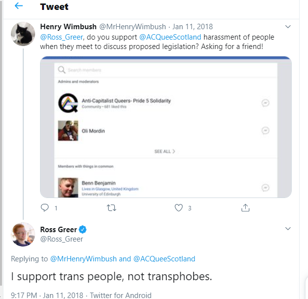 He also wasn't unduly concerned by Mr Greer's support for RGP as, apparently, he'd been asked whether he endorsed them by someone "anti-trans".That Mr Greer might support trans people without calling others "transphobes" or seeming to back those advocating VAW, didn't occur.