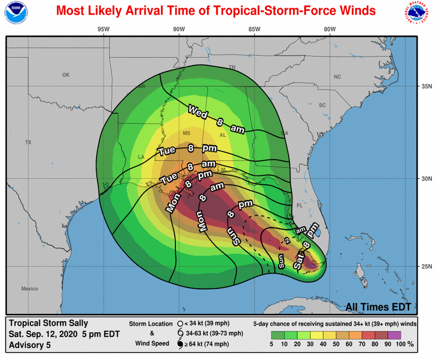 NHC_Atlantic's tweet photo. A Hurricane Watch is in effect from Grand Isle, LA, to the Alabama/Florida border, where hurricane-force winds are possible by early Tuesday, with tropical storm conditions possible on Monday #Sally https://t.co/tW4KeFW0gB https://t.co/uhZXxcgBJn