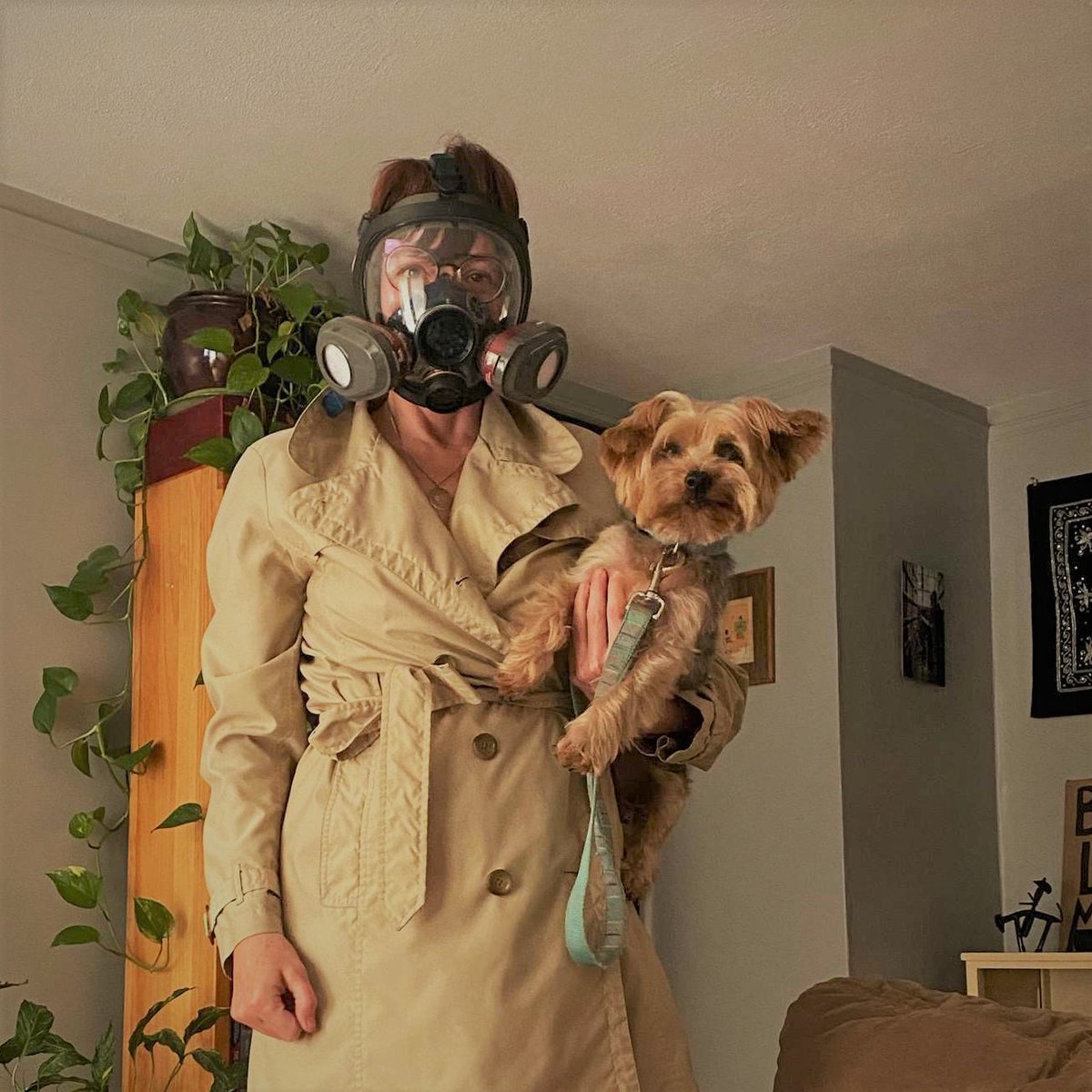 Portland resident Sarah Iannarone in her living room preparing to walk her dog while wearing a gas mask and trench coat. 