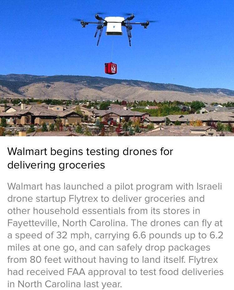 🛍️ Walmart begins testing drones for delivering groceries

Save your time by reading/listening such short news. 🗞️🎧  Download the popular TidBeats app 🚀@ tidbeats.org

<a href="/Walmart/">Walmart</a> <a href="/flytrexcom/">Flytrex</a>
#Walmart #Flytrex #Drones #Grocery #Food #Delivery #retail #tech #technews