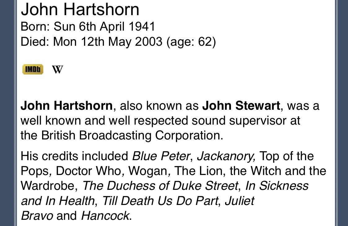 And this is a potted biography of the lovely John Hartshorn. A wonderful, unique & old school fellow who embodied the very best of what the BBC can be about.