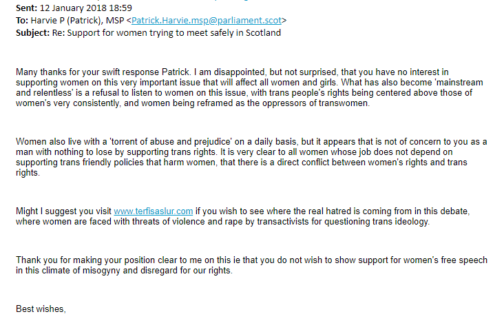In a further exchange, the woman asked Mr Harvie to look at the threats women received and to acknowledge that women also face a torrent of abuse & urged him to look at  http://terfisaslur.com&nbsp; to see what women faced.