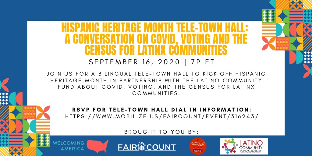 faircount's tweet photo. Thursday 9/16 @ 7P ET‼️
Join us for A bilingual tele-town hall to kick off Hispanic Heritage Month in partnership with the Latino Community Fund about COVID, Voting, and the Census for Latinx Communities.

RSVP👇🏾
https://t.co/PohE8yHilC https://t.co/7klaDucuFO