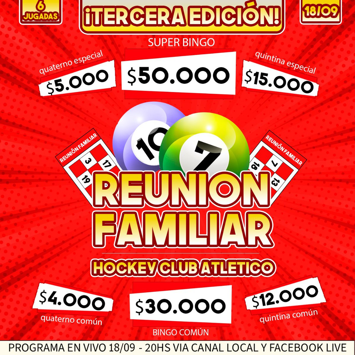 CA9deJulio's tweet photo. el próximo viernes 18 se juega el Bingo On Line N° 3 del @ca9dejulio, organizado por la sub comisión de Hockey y como los anteriores, tiene lugar en el Canal 7 local a partir de las 20 hs. y con $ 300.000 en premios https://t.co/xcxpMHPQmA