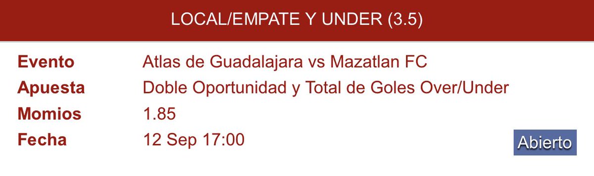 MrPICKolo's tweet photo. Listo el primer #pick que metí para la @LigaBBVAMX del día de hoy.
-Atlas promedia 0.8 goles en sus últimos 10 partidos y Mazatlán 1.1.
-Mazatlán nunca ha ganado de visitante.
Vamos a cobrar hoy gente🍀
#FreePick #LigaMX #SoccerPicks #FreeTip #ApuestasDeportivas #PicksMX https://t.co/ydvt50fIZL