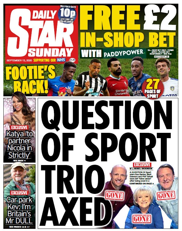 BBCNews's tweet photo. Sunday's Star: "Question of sport trio axed" #BBCPapers #TomorrowsPapersToday https://t.co/RQ16VRymEd