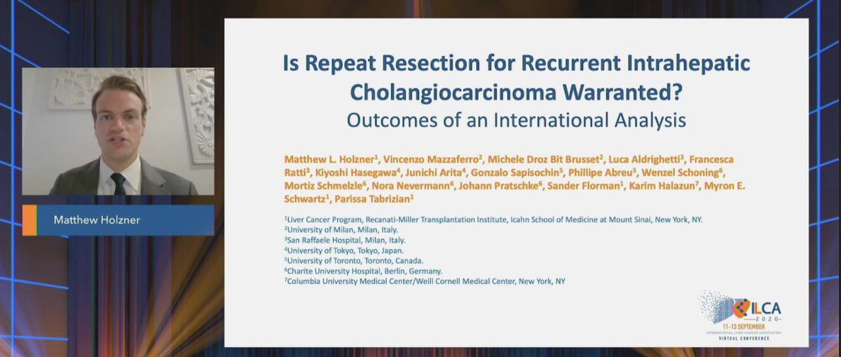 MattHolznerMD's tweet photo. Great #ILCA20Virtual oral abstract session today - happy to share our international collaboration on the benefit of repeat resection for recurrent intrahepatic cholangiocarcinoma. Looking forward to the rest of the talks throughout the weekend @ILCAnews @MountsinaiRMTI https://t.co/kHwXK0bbLk