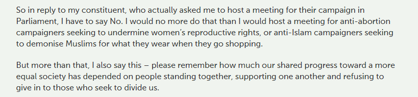 He ended by saying that he would no more host a meeting in parliament for women to discuss this in a safe manner than he would for “anti-abortion” or “anti-Islam” campaigners. Disgustingly, Mr Harvie equates women seeking to uphold CEDAW rights with racists.