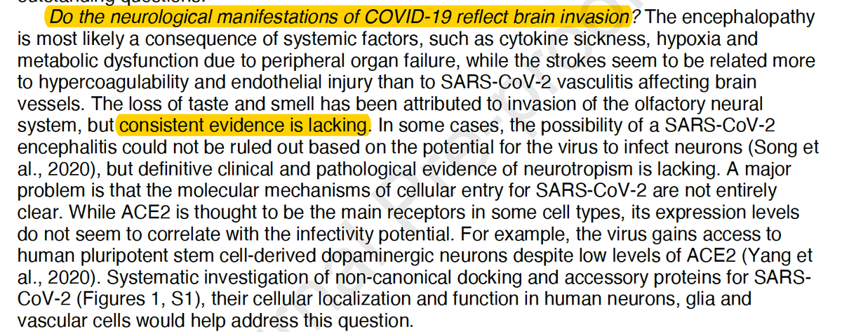 3. A very recent, in-depth review of the pathogenesis of  #SARSCoV2 and the nervous system concluded the evidence is inconsistent http://www.cell.com/cell/retrieve/pii/S0092867420310709?_returnURL=https%3A%2F%2Flinkinghub.elsevier.com%2Fretrieve%2Fpii%2FS0092867420310709%3Fshowall%3Dtrue  @CellCellPress