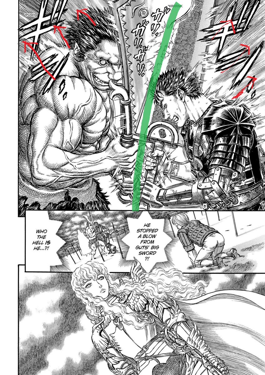 And we see right at the gate the dynamic of this fight : Guts is the more skilled, technical fighter while Zodd behaves more like a beast with a far superior physicality.In the first panel Zodd is taking more space than Guts, showing the imbalance that will only get worse.