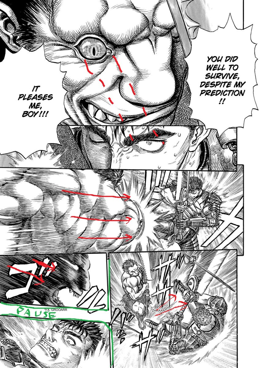 In the second page Zodd is literally towering Guts who seems to suffocate. A cool trick from Miura is to align the gaze of Zodd and Guts, they are looking at each other between the panels.The push is inevitable and goes against the panel flow which gives the attack more strength