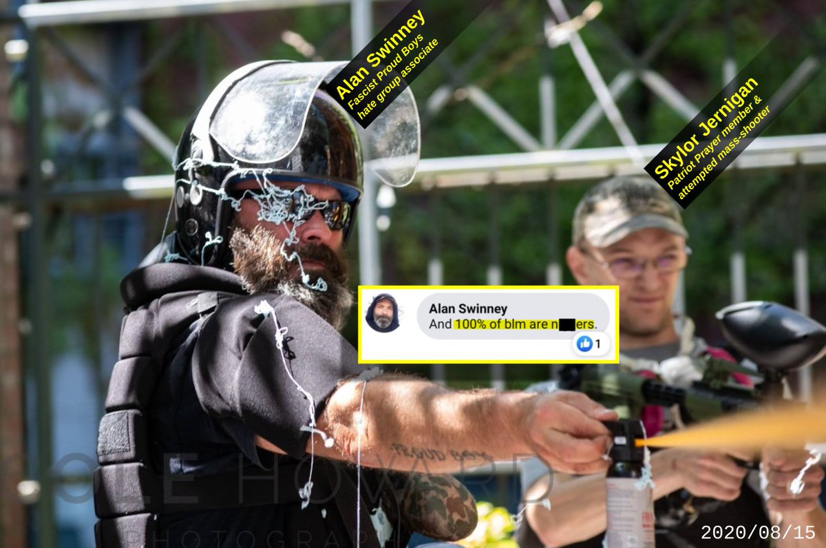 Among the armed vigilantes intoxicated with conspiracy disinfo is fascist Proud Boys hate group associate Alan Swinney ( https://twitter.com/search?q=from%3Arosecityantifa%20swinney&src=typed_query), who has assaulted dozens of Portlanders in front of PPB w/ complete impunity since the beginning of August.  https://twitter.com/ryanjhaas/status/1304482945307090944