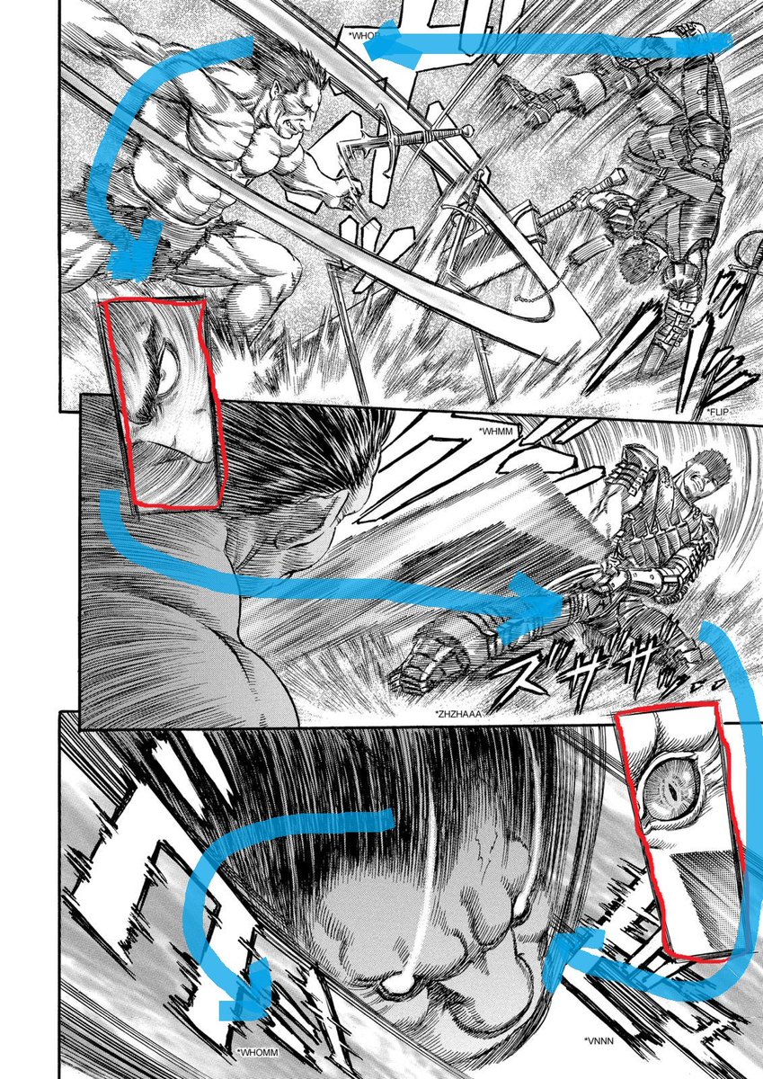 The second thing is the manipulation of the panel flow.In the first image Miura uses what I call "transition panels" (in red) to guide the reader's eye. Those transition panels are small close-up shots and placed literally on two big panels as a bridge.