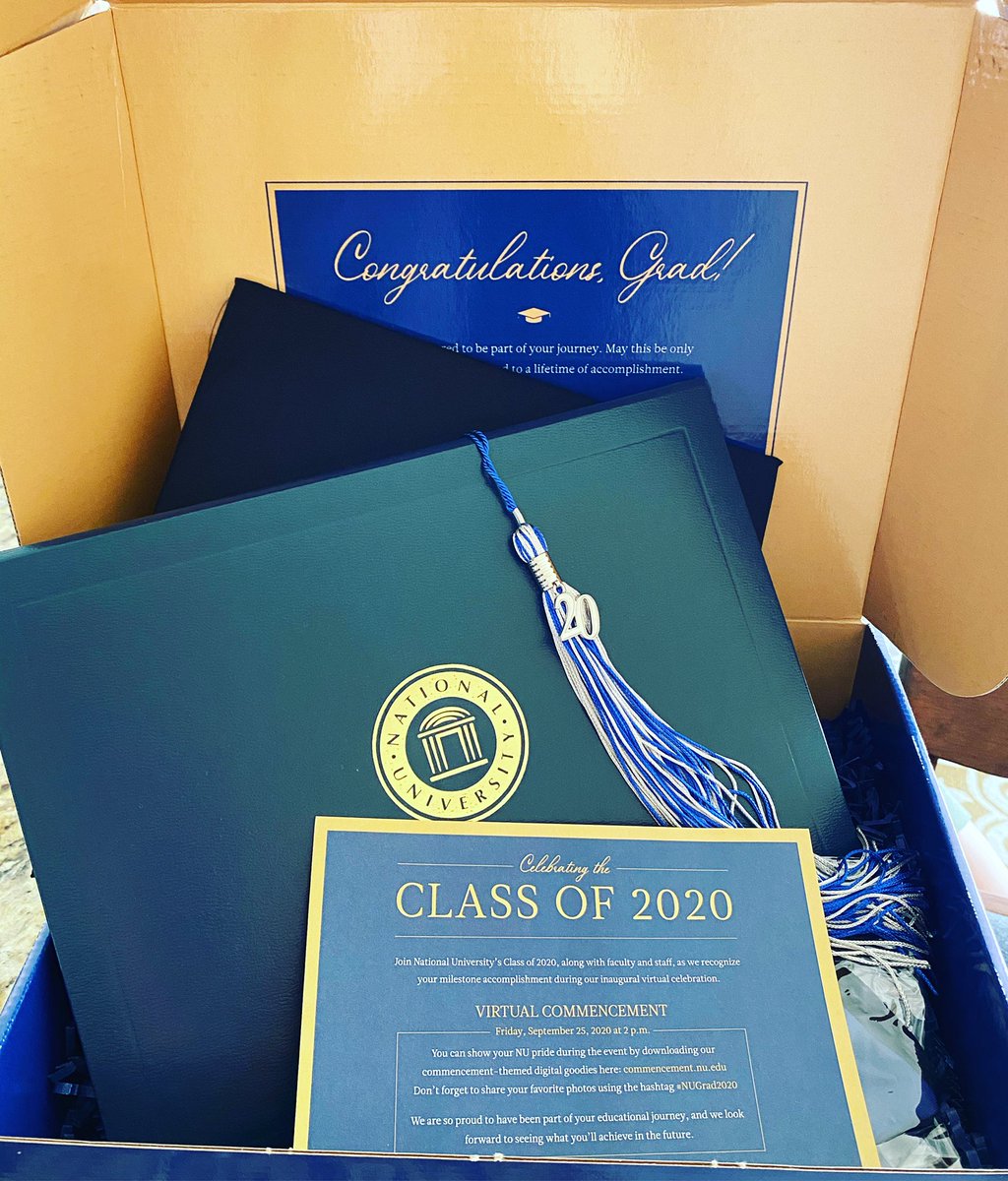 TeachB87's tweet photo. What a wonderful surprise! 🎉🎓💙 Our commencement was postponed earlier this year, due to Covid. #GraduationBox #Masters #NUGrad2020 https://t.co/oGsEINnezy