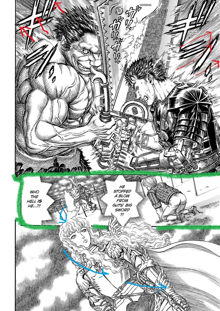 Before going to the next pages, let's look back at the first one where Miura uses a new technique for the first time : he inversed the panel flow.First he uses thin borders to show things are happening at the same time then the head of Griffith sticks out of the bottom panel.