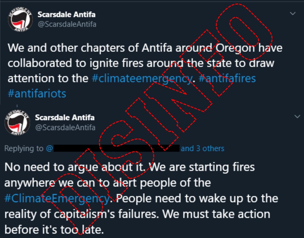 Many antifa-wildfire conspiracy posts circulating in far-right & conservative social media spaces cite an obviously-fake twitter account which was exposed as a right wing hoax in 2017.  https://nymag.com/intelligencer/2017/08/how-to-spot-a-fake-antifa-account.html