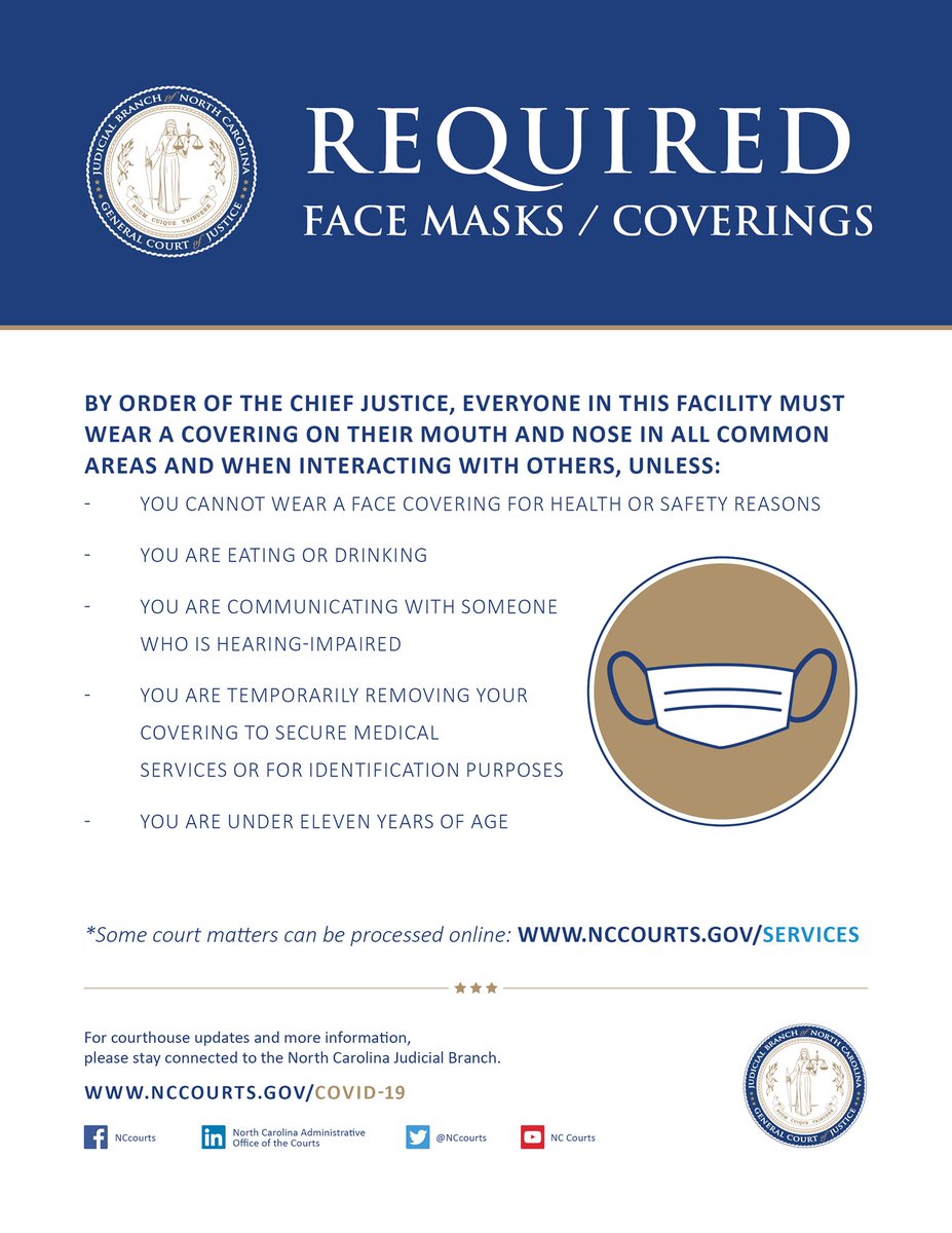 NCCourts's tweet photo. Help Us Keep the Public and Our Staff Safe – Courts are operating with reduced capacity. By order of the Chief Justice, only people with business at the courthouse will be allowed to enter. Masks or face coverings are required. More: https://t.co/KJ174kvpuH https://t.co/VSWMqWG9SY