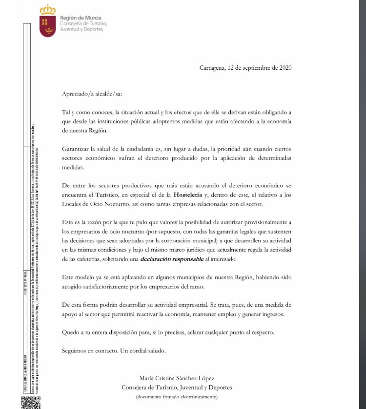 RosaRodaNews's tweet photo. ¡Pero qué disparate es este! El gobierno regional decreta el cierre del ocio nocturno por aumento contagios de coronavirus y la consejera de turismo manda un escrito a los ayuntamientos pidiéndoles que se salten el cierre con una mera declaración responsable. TREMENDO 👇 https://t.co/jtulPpJiqU
