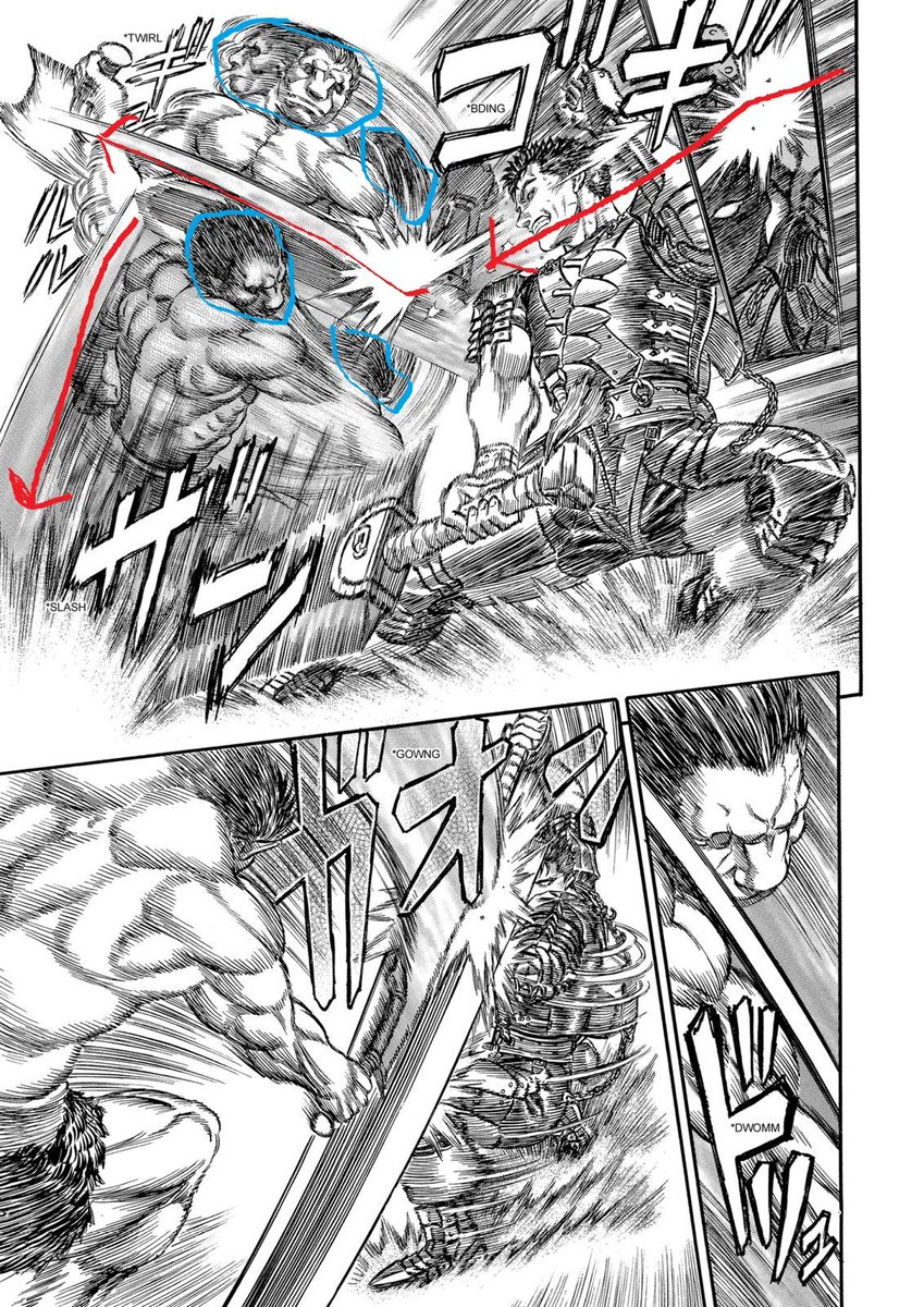 To make the action easy to follow, Miura guides the eye and makes any change clear.We first have a small panel of Guts blocking Zodd's hit from the precedent page, then the action lines + sparks attracts us and we naturally look at the sword.