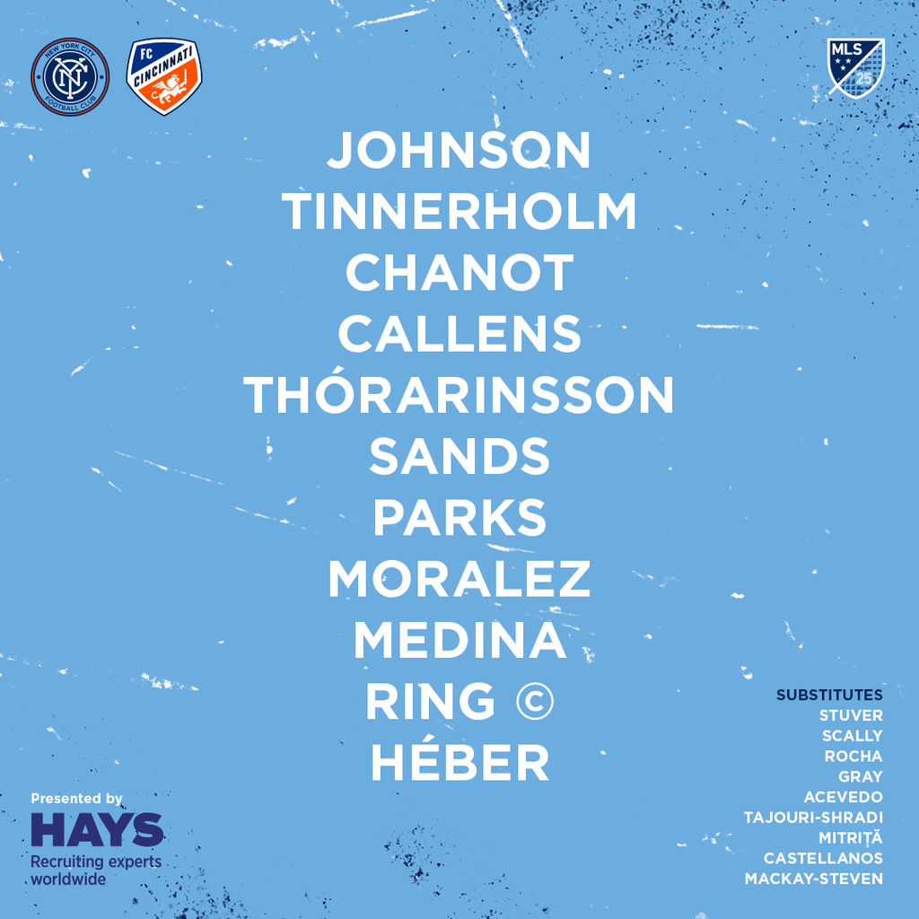 newyorkcityfc's tweet photo. 📋 | #NYCFC Starting XI 🆚 #FCCincy 

#NYCvCIN | @hays_us https://t.co/lHyAGErCjz