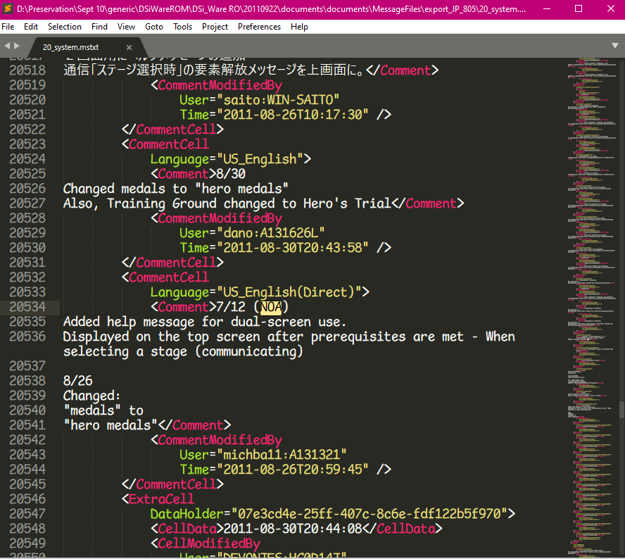 The .MSPROJ files hold all of the files communicating changes between all of the editors of the localizations. This shows changes to the text made in development, for example "Hero's Trial" previously being called "Training Ground", and the criteria for unlocking it changing.