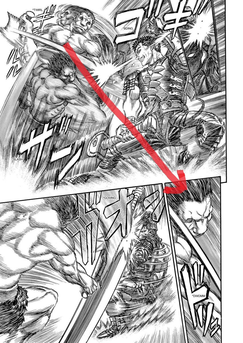 Did you notice that Zodd strikes in the direction of the next panel? It's a bit like the eye alignment from before, in this case the reader follows the strike in its movement, giving it more speed. We could say that the strike is with the panel flow, but between the panels.