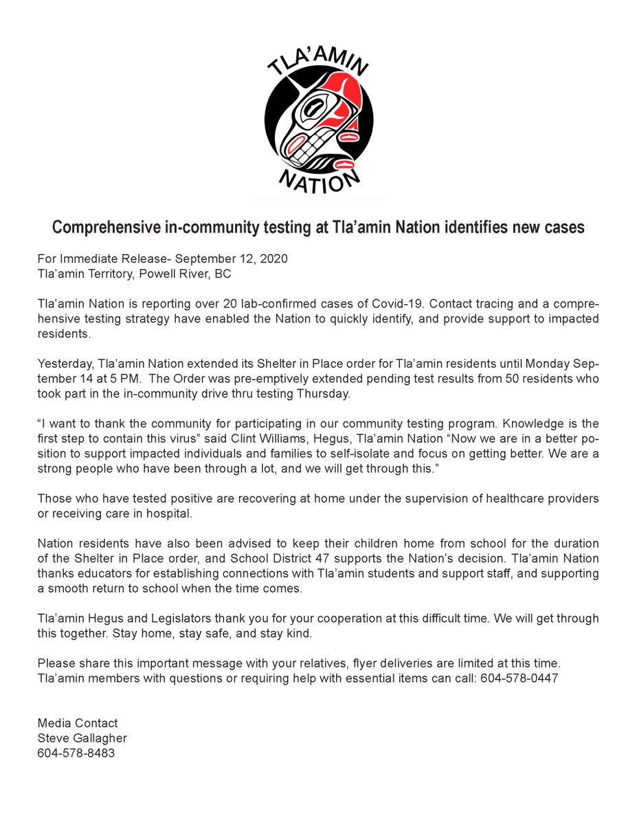 CityPowellRiver's tweet photo. The Tla'amin Nation is reporting over 20 lab-confirmed cases of #COVID19 #tlaaminstrong #handsraised #bcpoli https://t.co/sNSm0oh1lu