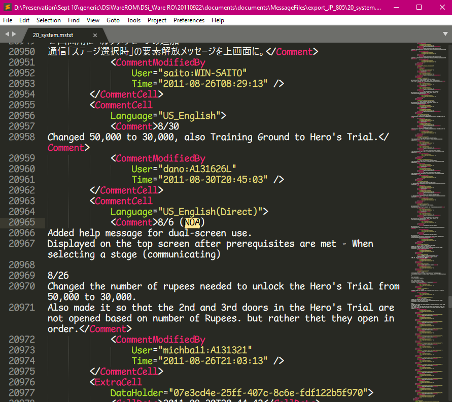 The .MSPROJ files hold all of the files communicating changes between all of the editors of the localizations. This shows changes to the text made in development, for example "Hero's Trial" previously being called "Training Ground", and the criteria for unlocking it changing.