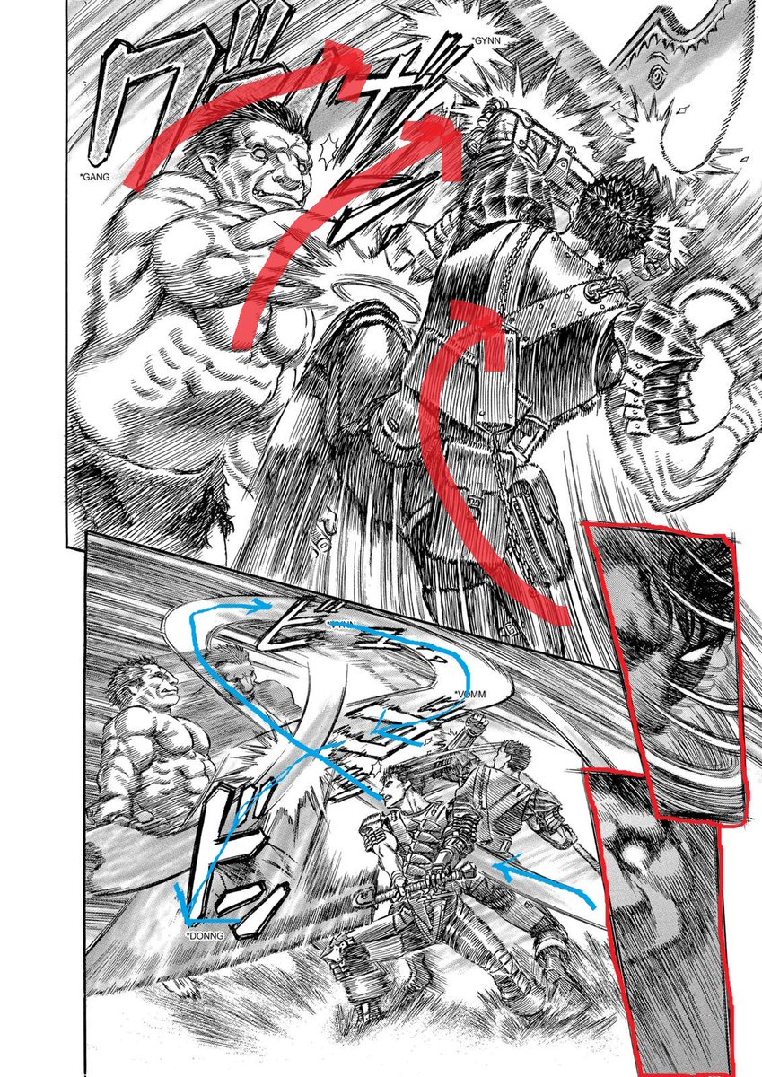 Then the transitions panels are working with the afterimages for maximum effect. The first ones prepare us for the counterattack from Guts and Zodd's dodge with two close-ups.Finally the tip of the Dragon Slayer is our lead in the bottom panel. Zodd's really fast btw.