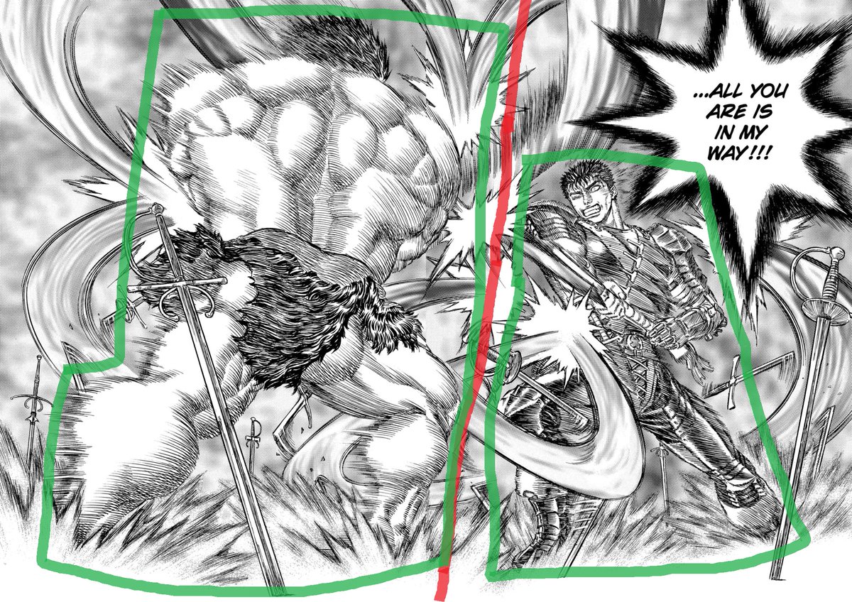 To me that's because while the fight is balanced, we are in the mind of Guts and he sees Zodd as the last obstacle between him and Griffith. The speech balloons are well placed, making the reader's eye go through the entire panel everytime.