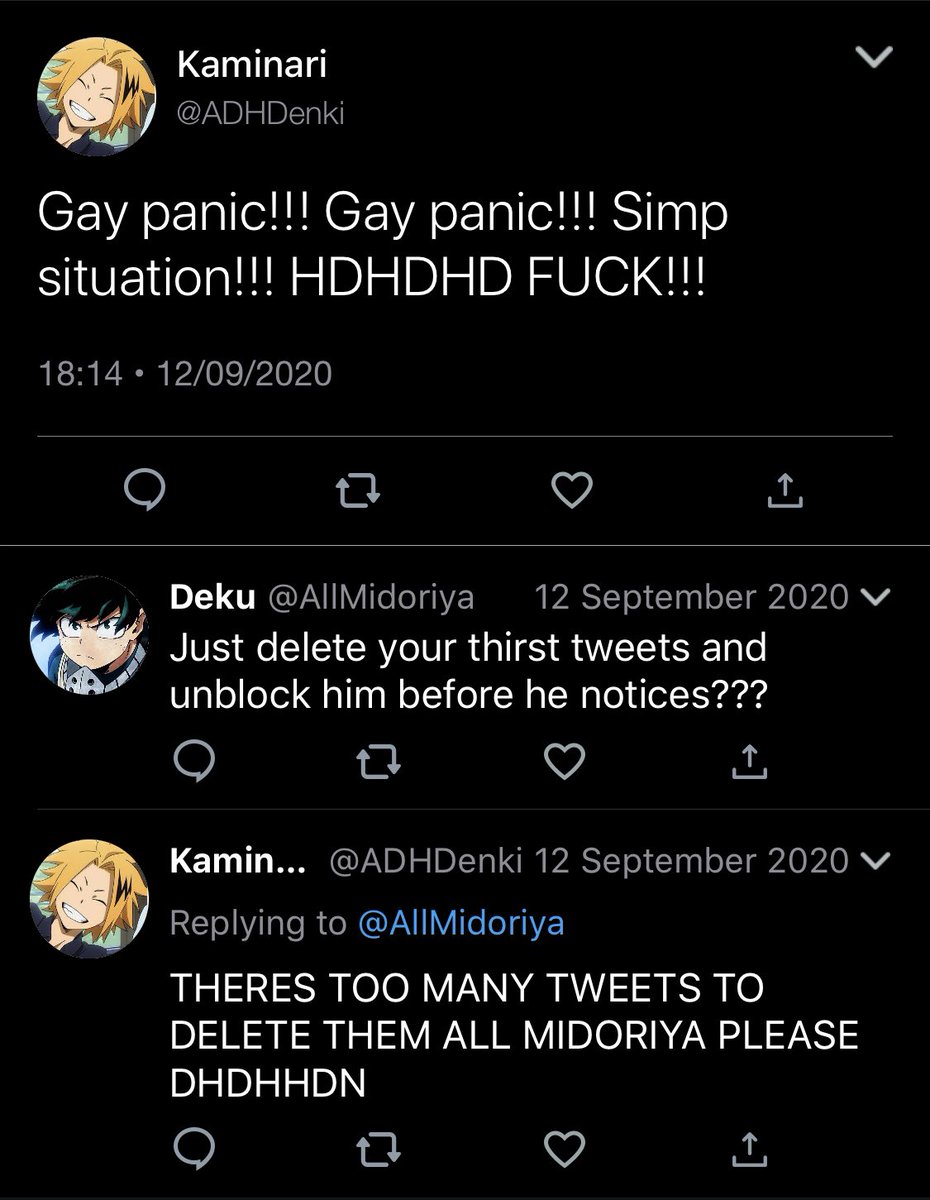 ShinKami Social Media AUKaminari has Shinsou blocked on Twitter since he first saw him at the sports festival so he could thirst tweet about him and everything is fine until Shinsou joins 1A, tries to follow his classmates, & sees Denki has him blocked?