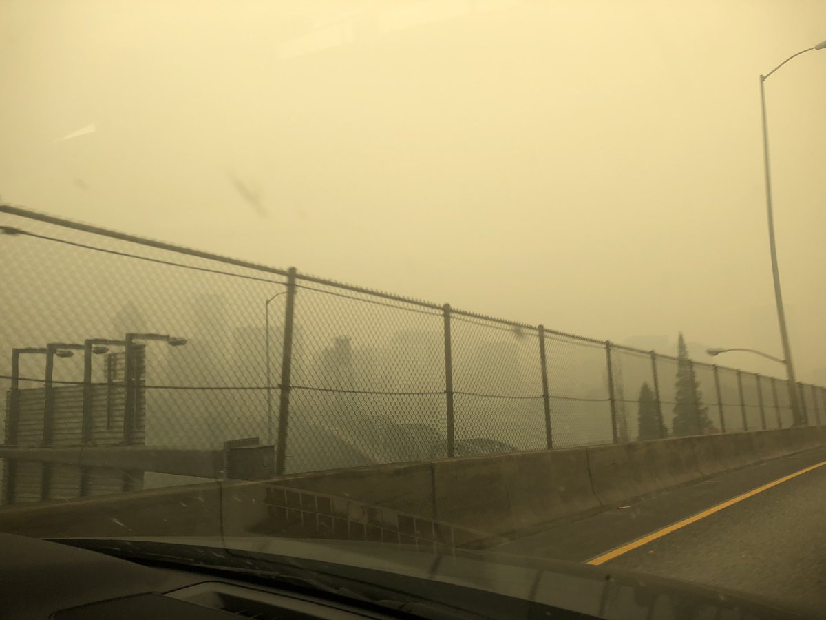 The view of downtown Portland from when I was driving in to the EWOKS mutual aid setup, next to Holladay Park across from the Lloyd Center.  #OregonWildfires2020  #oregonfires  #mutualaid  #portland