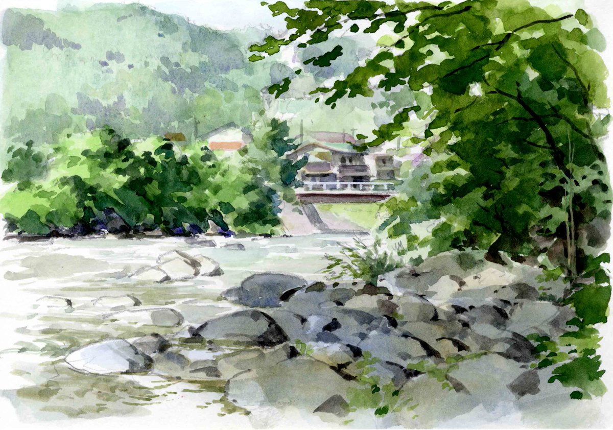「河原の風景
#水彩 #スケッチ 」|増山修/インスパイアード MASUYAMA Osamu /INSPIRED Inc.のイラスト