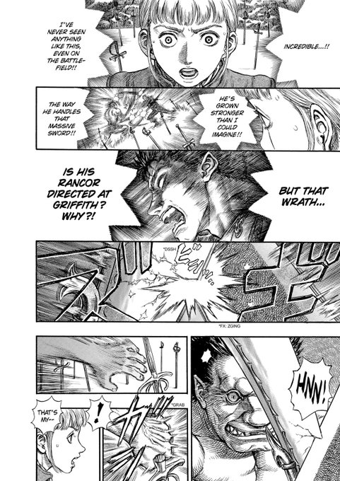 Now we get a far smaller interlude of half a page (you feel that the end is near). Same impeccable speech balloons placement, we see the fight through Rickert's eyes in the second panel.That's why Guts and Zodd take up the same space all of a sudden compared to before.