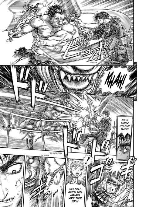 Zodd is trying to break Guts under his pressure before his sword is destroyed.And we recognize a familiar panel layout, with one fighter blocked on one side like the reader's eye. The only difference is that we are on the right side this time and that there is no escape.