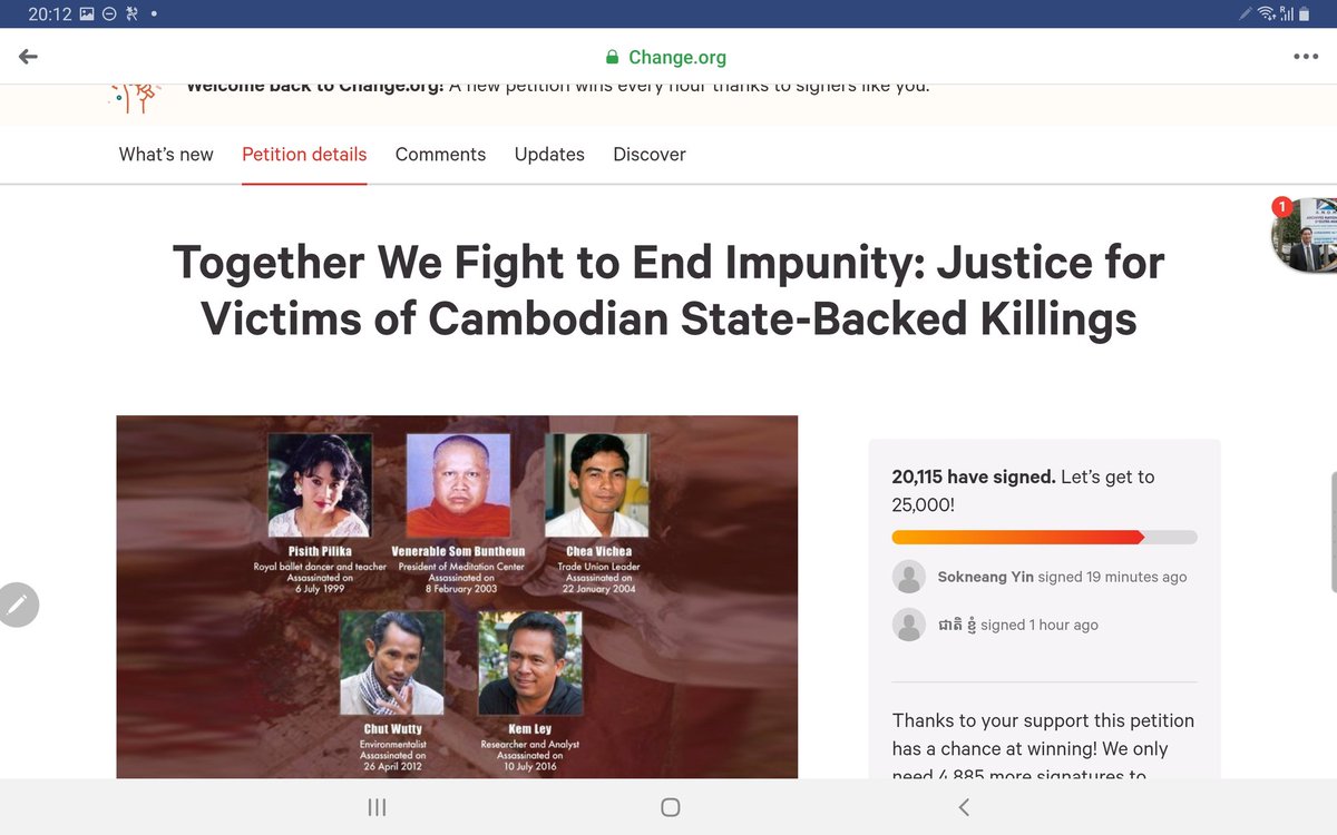 sochua_mu's tweet photo. Over 20,000 signatures for our campaign to #EndImpunity in Cambodia. Keep the signatures going.mif you have signed, please get your friends to join us. https://t.co/CxMD8d2Mz1