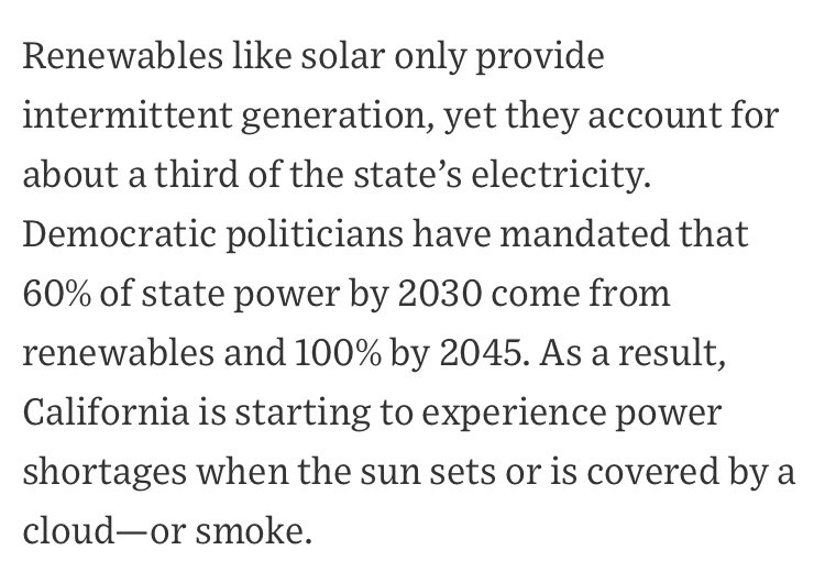 Sammy Roth (@sammy_roth) on Twitter photo FACT CHECK of this paragraph from a <a href="/WSJ/">The Wall Street Journal</a> editorial:
1. Just 21% of CA’s elctricity comes from intermittent renewables; another 11% is baseload geothermal, biomass & small hydro.
2. 2045 mandate is 100% carbon-free, not 100% renewable.
This stuff is not difficult. FACT CHECK of this paragraph from a <a href="/WSJ/">The Wall Street Journal</a> editorial:
1. Just 21% of CA’s elctricity comes from intermittent renewables; another 11% is baseload geothermal, biomass & small hydro.
2. 2045 mandate is 100% carbon-free, not 100% renewable.
This stuff is not difficult.