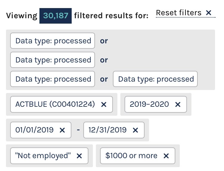 "Not employed" is the motherload here, which is triggered based on the binary radio button on the front end asking "Are you employed? Y/N" Figure that's capturing mostly retirees, which themselves make up another 4M as a self-IDed group. More high dollar giving, as you'd expect.