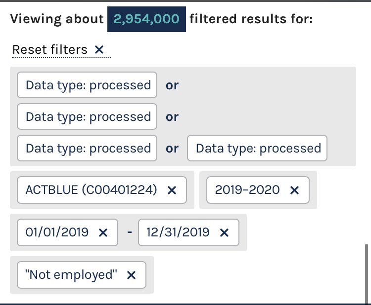 "Not employed" is the motherload here, which is triggered based on the binary radio button on the front end asking "Are you employed? Y/N" Figure that's capturing mostly retirees, which themselves make up another 4M as a self-IDed group. More high dollar giving, as you'd expect.
