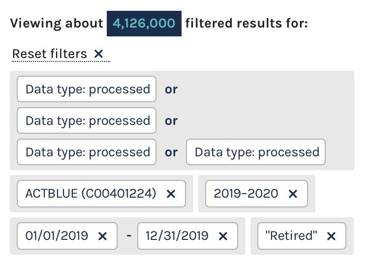 "Not employed" is the motherload here, which is triggered based on the binary radio button on the front end asking "Are you employed? Y/N" Figure that's capturing mostly retirees, which themselves make up another 4M as a self-IDed group. More high dollar giving, as you'd expect.