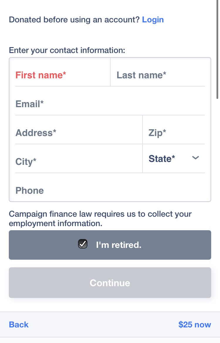 Why doesn't WinRed have a comparable number? Probably because they don't have the same binary. Instead, you can click "I'm Retired" to bypass the required employer/occupation field. So similarly situated donor just coded differently. (I will say I prefer the WinRed version.)