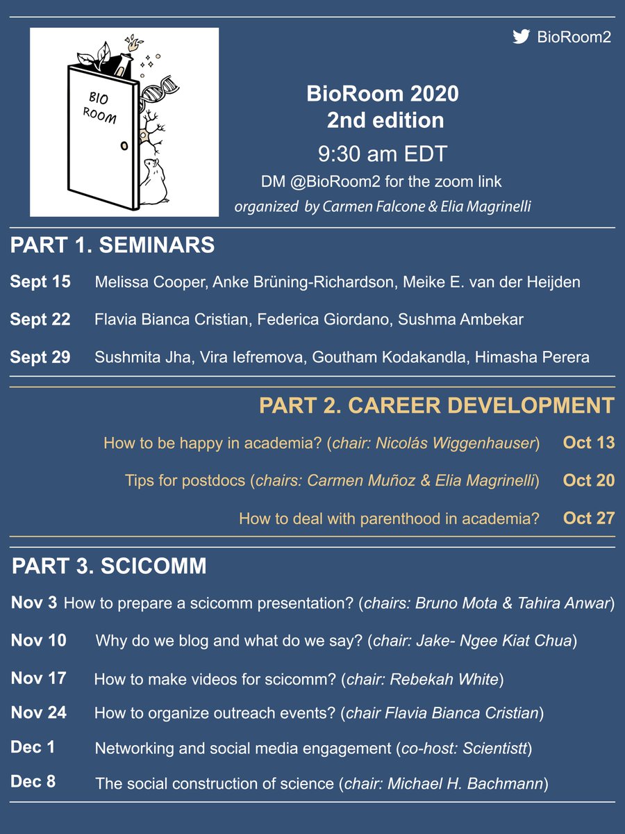 Here is the schedule for BioRoom-2nd edition!😎 

Please join us for an exciting journey through science, academic career tips, and science communication! DM us!

Thanks to all the BioRoom people from the previous edition who have been working SO hard for all these sessions! 🙌