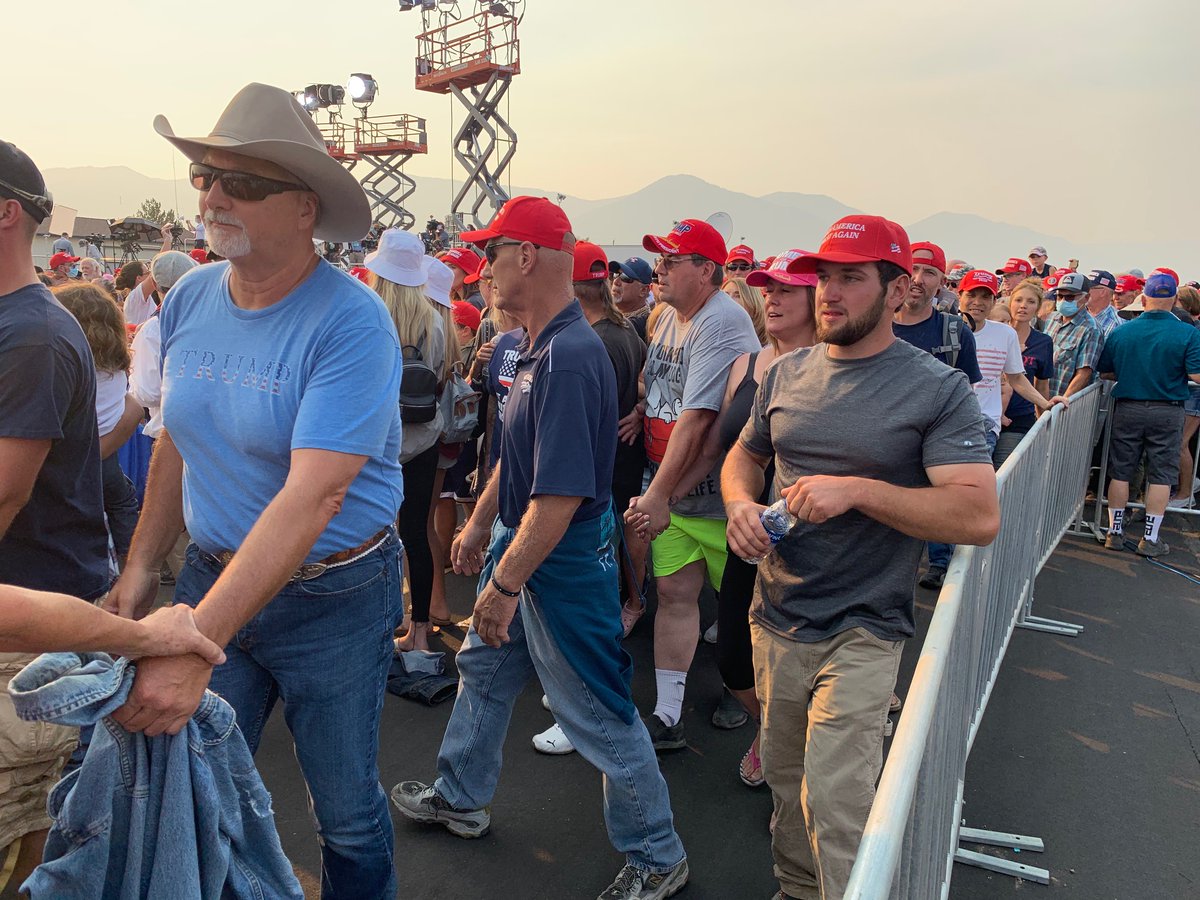 Crowds of people are waiting for President Trump to arrive in Minden.