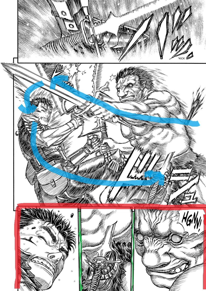 We are drawing some kind of ellipse with our eyes, but what's important is that the movement is completely smooth.That's due to both attacks being with the panel flow, they seem even faster. The last three panels help the reader digest the climax with close-ups.