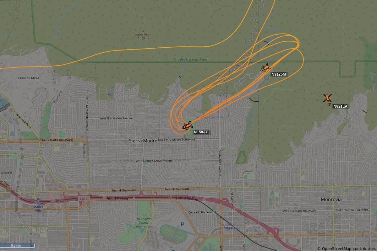 SkyCirclesLA's tweet photo. N158AC, a Sikorsky S-64-F, (callsign N158AC) is circling over Sierra Madre at 1125 feet, speed 68 MPH, squawking 1255, 0.07 miles from Lannan Debris Basin #N158AC https://t.co/B6pWN898F3 https://t.co/JEb68FmNiW