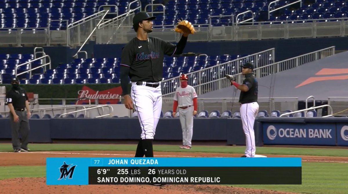 19,870th player in MLB history: Johan Quezada- signed w/ MIN in Sept. '12- myriad injuries have limited him to 180 IP in 7 years- never pitched above A-ball- elected FA, signed w/ MIA in Dec. '19- throws 100- absolutely gigantic- 17th Marlin to debut in '20 (most in MLB)