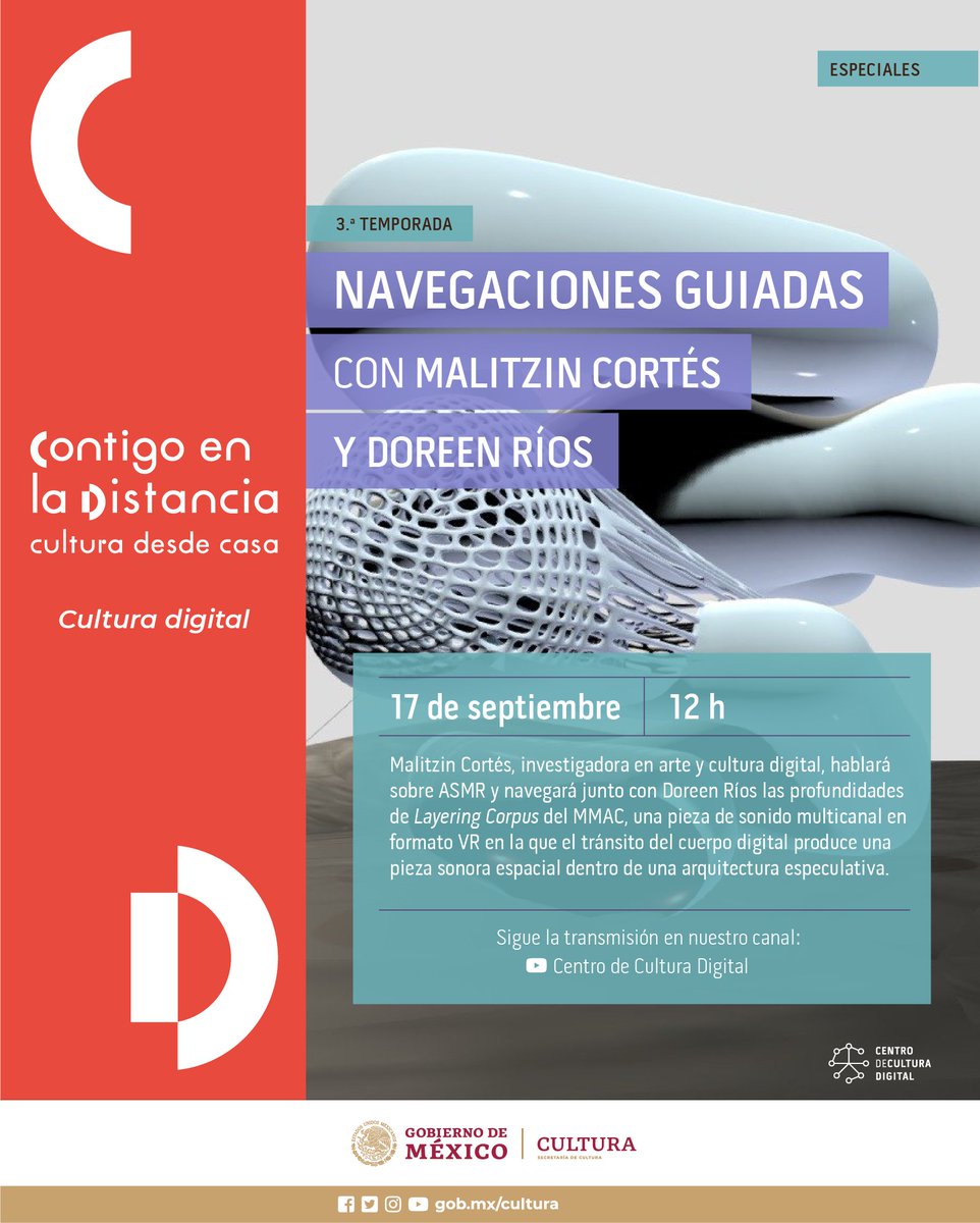 CCDmx's tweet photo. ¡Nueva temporada de Navegaciones Guiadas! 📱

En esta transmisión nos acompañan @CNDSD_
 y @DoreenA_Rios para navegar las profundidades de «Layering Corpus del MMAC», una pieza de sonido multicanal en formato VR.

🗓 17 de septiembre
⏰ 12PM

Conoce + 👉 https://t.co/2ZxnnAqmIO https://t.co/76tOzM91Hd